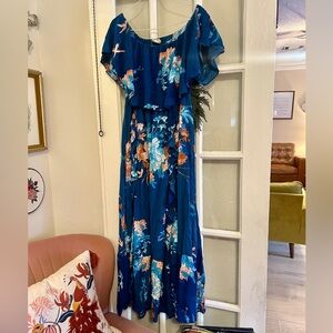 Anthropologie Jaase Blue Chinoiserie Floral Print Maxi Dress, on or off-shoulder